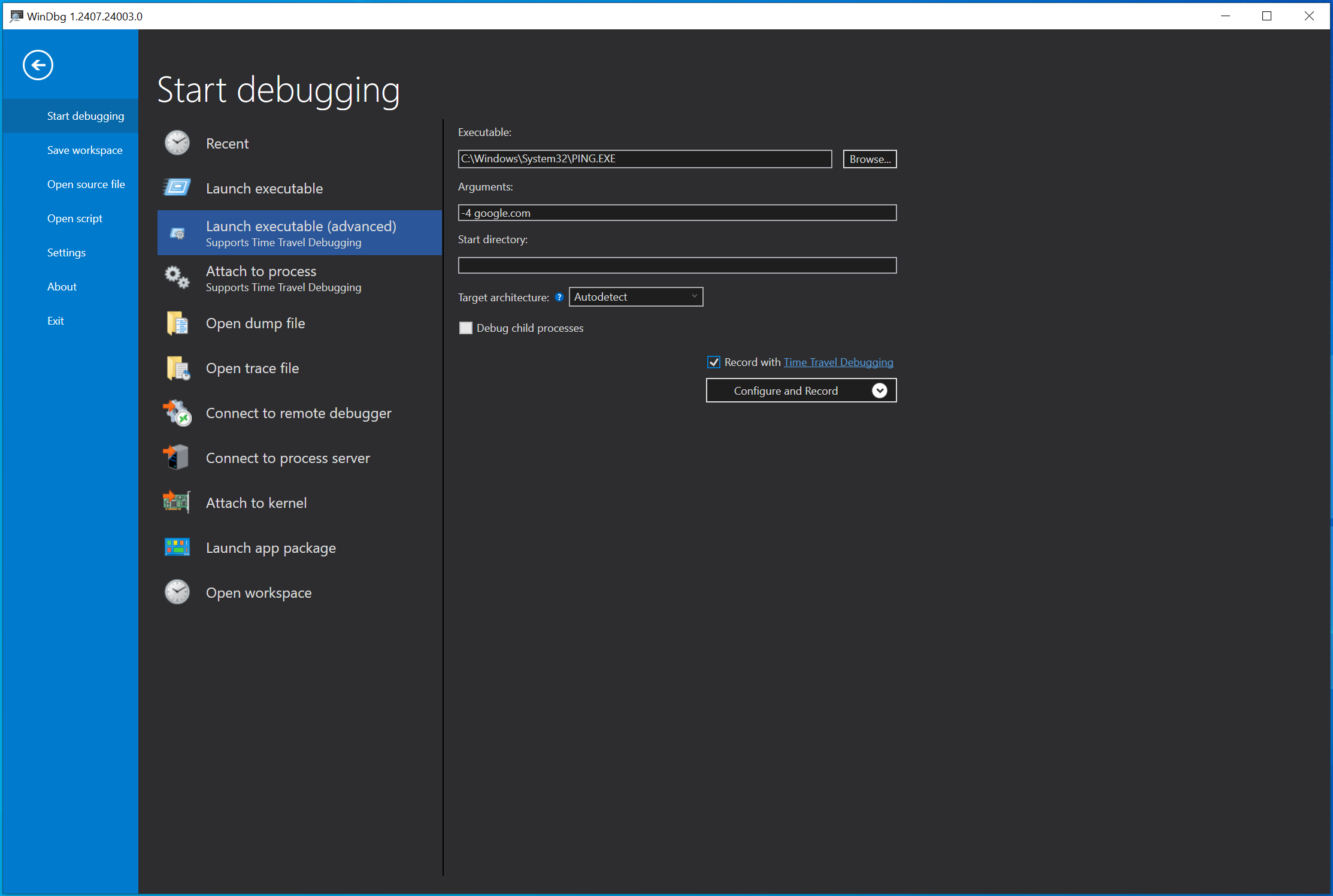 Record a trace in windbg