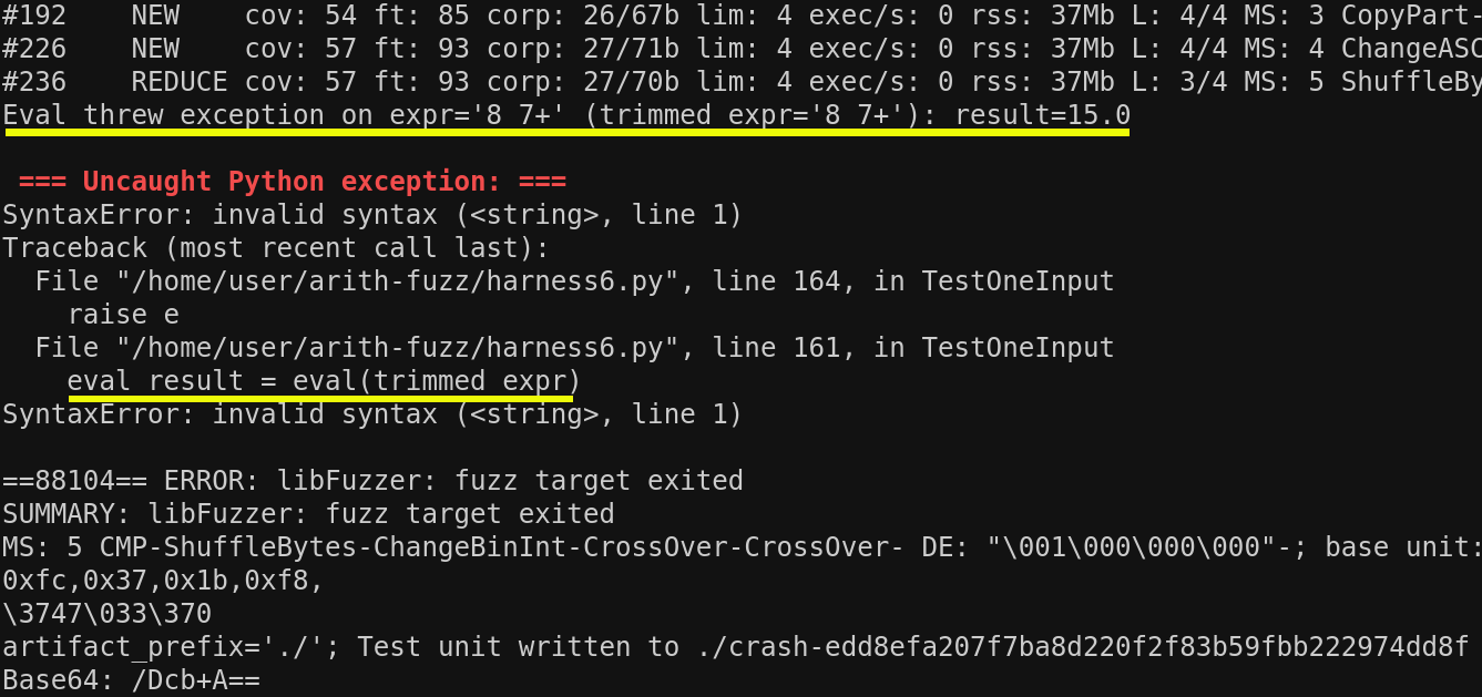 Screenshot showing eval throwing an exception on RPN expression