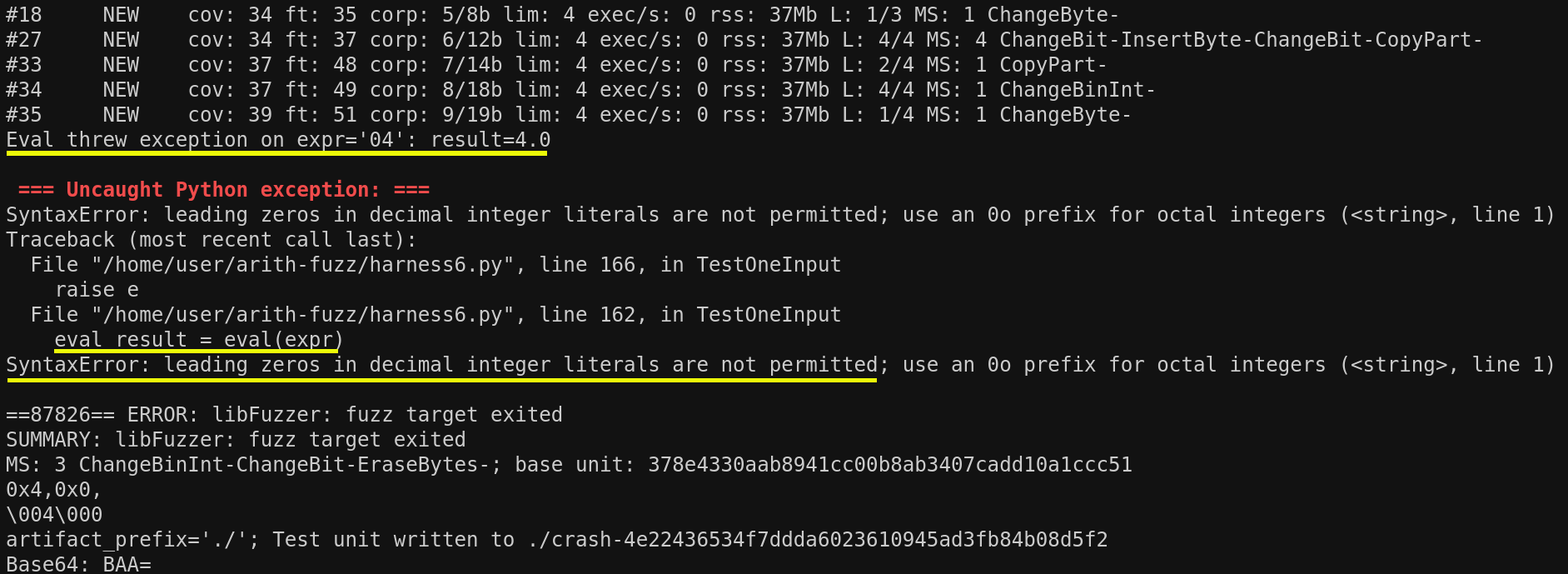 Screenshot showing eval throwing an exception on leading zeroes