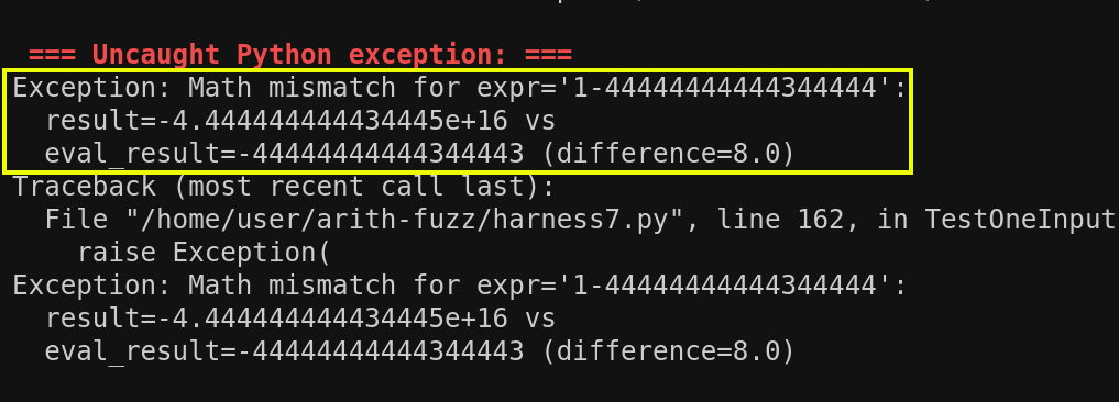 Screenshot showing an exception due to a difference that is tiny compared to the numbers