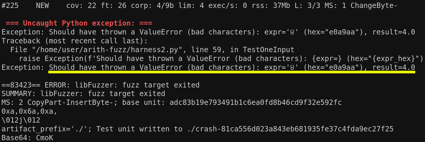 Screenshot of an exception where an expression with bad chars was wrongfully accepted