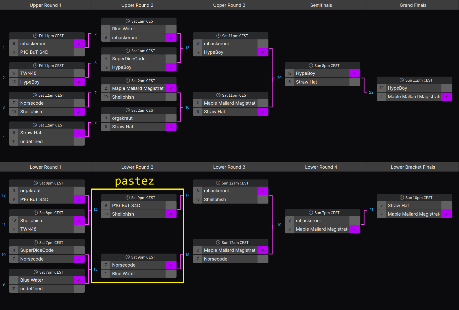 LiveCTF Bracket for DEF CON 31 highlighting pastez
