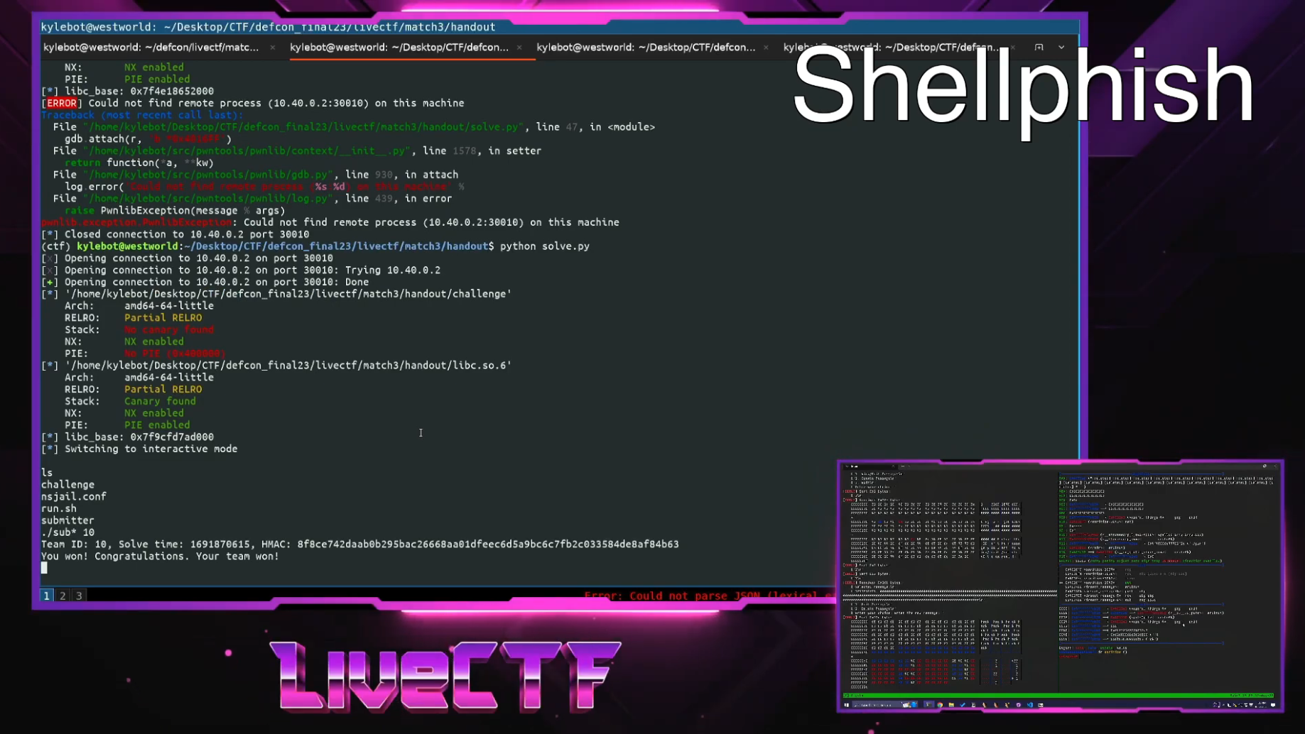 Screenshot from the commentated steam of Shellphish winning the pastez challenge